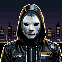 ANONHOOD sample: a white stitched mask under a black hood, black techwear jacket, amber rim light, in front of a night city skyline