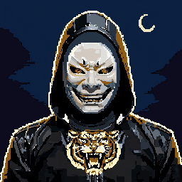 ANONHOOD sample: an ivory horned mask with gold eyes, black satin jacket with a gold tiger embroidery, under a crescent moon