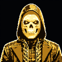 ANONHOOD sample: an all-gold figure with a skull mask and a velvet coat on a black background